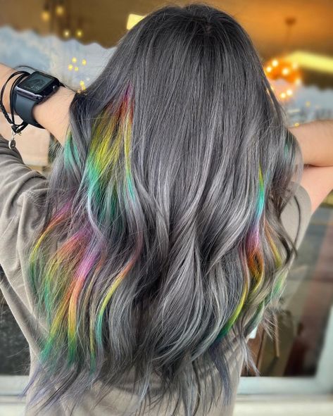 Perfect Rainbow Peekaboo Highlights Rainbow Peekaboo Hair Dark Brown, Peekaboo Highlights For Blonde Hair, Highlights For Blonde Hair, Rainbow Peekaboo, Blonde Hair Fall, Pink Peekaboo Hair, Peekaboo Hair Color, Blonde Peekaboo Highlights, Under Hair Dye