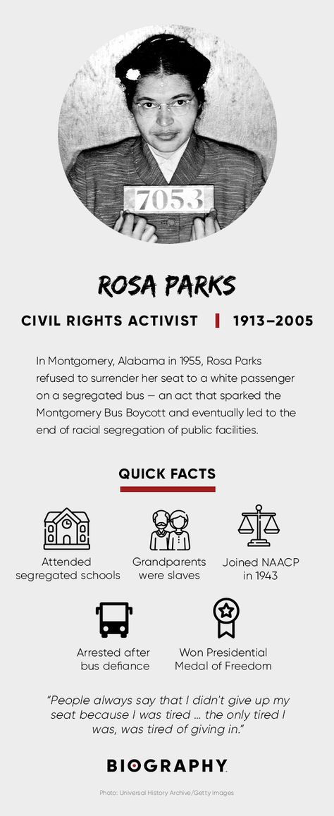 On December 1, 1955, Parks was arrested for refusing a bus driver's instructions to give up her seat to a white passenger. She later recalled that her refusal wasn't because she was physically tired, but that she was tired of giving Rosa Parks Facts, Physically Tired, Rosa Parks Quotes, Racial Segregation, Montgomery Bus Boycott, Bus Boycott, Public Facilities, False Advertising, Civil Rights Activist