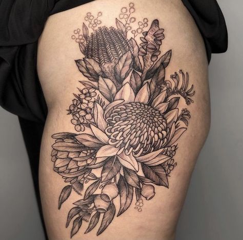 Botanical Tattoo Sleeve, Flower Leg Tattoos, Indian Feather Tattoos, Australian Tattoo, Beetle Tattoo, Tattoo Apprenticeship, Animal Tattoo Ideas, Native Tattoos, Tattoo Themes