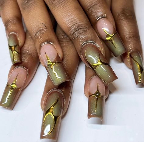 Jade Color Nails Acrylic, Earthy Nail Inspiration, Earthy Gel X Nails, 2014 Nails Aesthetic, Brown And Green Nails Acrylic, Earthy French Tip Nails, Gold Airbrush Nails, Earthy Toned Nails, Earthy Color Nails