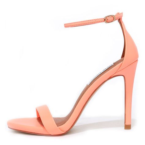 Steve Madden Stecy Coral Neon Ankle Strap Heels ($79) ❤ liked on Polyvore featuring shoes, heels, pink, coral pink shoes, neon coral shoes, anchor shoes, pink shoes and coral shoes Peach Heels, Peach Sandals, Coral Heels, Coral Shoes, Pink Sandals Heels, Sandals Steve Madden, Neon Shoes, Neon Sandals, Coral Sandals