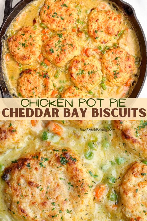 Easy Biscuit Pot Pie, Cheddar Bay Biscuit Chicken Pot Pie Soup, Chicken And Potato Pot Pie, Cheddar Bay Biscuit Meals, Biscuits For Dinner Meals, Chicken Soup With Biscuits, Pot Pie Biscuit Recipe, Best Entree Recipes, Cheddar Bay Biscuit Stuffing