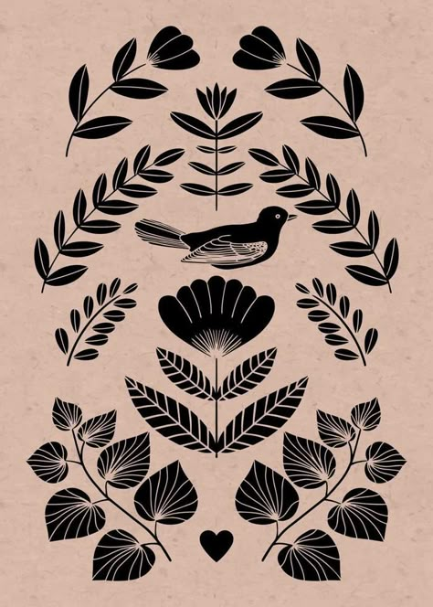 Symmetrical ornament with bird, flowers and leaves with different folk compositions. Motif in scandinavian style. Ethnic flat illustration with paper texture in black. Folk Art Tattoo Scandinavian, Symmetrical Flower Drawing, Ornamental Folk Tattoo, Folk Art Leaves, Scandinavian Folk Flowers, Folk Art Logo, Folk Art Tattoo Black, Scandinavian Folk Art Tattoo, Scandinavian Folk Art Patterns