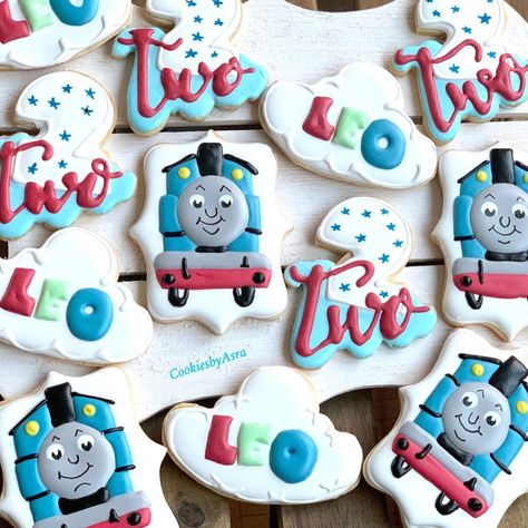 Thomas Cookies Decorated, Thomas The Train Cookies, Train Birthday Party Cookies, Thomas The Train Cookies Decorated, Thomas Cookies, Thomas And Friends Cookies Decorated, Train Cookies 2nd Birthday, Thomas All Engines Go Party, Train Cookies