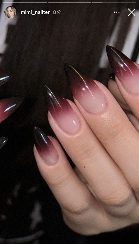 Ombre Moon Nails, Ombre Dark Pink Nails, Goth Ombre Nails, Short Point Nails, Goth Nails Almond Shape, Pink And Black Sparkle Nails, Black And Pink Ombré Nails, Pink To Black Ombre Nails, Goth Almond Nails Designs