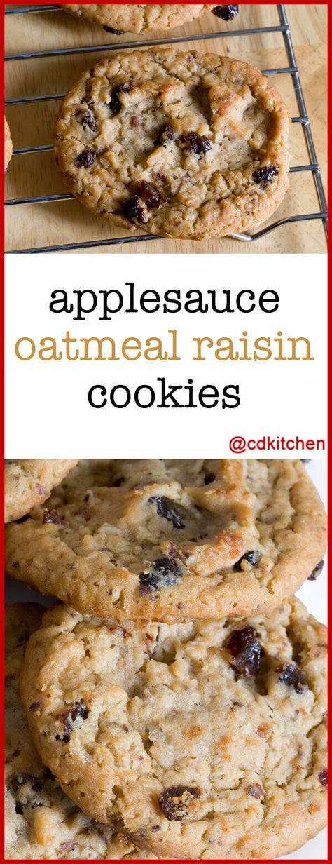 Applesauce Oatmeal Raisin Cookies | CDKitchen.com Applesauce Oatmeal, Oatmeal Applesauce Cookies, Oatmeal Raisin Cookies Healthy, Applesauce Cookies, Cinnamon Baking, Cookie Recipes Oatmeal Raisin, Oatmeal Raisin Cookies Chewy, Oatmeal Cookie Recipes, Oatmeal Raisin Cookies