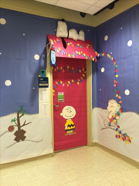 Peanuts Christmas Classroom Door, Snoopy Classroom Door Christmas, Snoopy Christmas Classroom Door, Snoopy Christmas Door Decorating Contest, Charlie Brown Christmas Decorations For Office, Snoopy Classroom Door, Peanuts Door Decoration, Snoopy Christmas Door, Charlie Brown Christmas Decorations Work