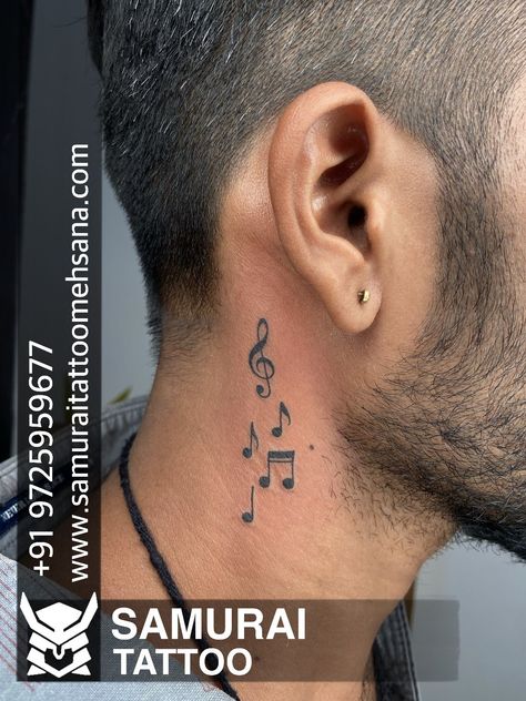 Music Notes Neck Tattoo, Music Neck Tattoo Men, Neck Music Tattoo, Music Tattoo Ear, Neck Tattoo Music, Music Behind Ear Tattoo, Behind Ear Tattoo Men Design, Music Note Tattoo For Men, Small Tattoos Neck