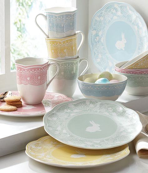 Ideal for the Easter season, the Colors of Spring Collection features bright and warm pastel hues in blue, yellow and pink. Crafted of durable porcelain ceramic, this set is microwave and dishwasher-safe, for added convenience. Easter Dinnerware, Nook Table, Easter Entertaining, Bunny Plates, Easter Table Settings, Easter Tree Decorations, Pretty Plates, Spring Pastels, Easter Tree