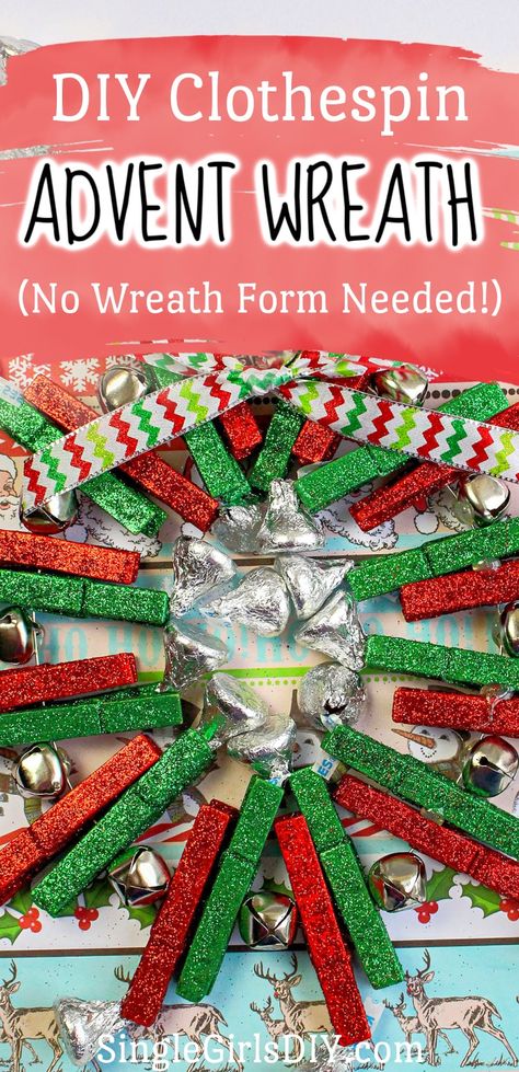 Advent Calendar Wreath, Quick Holiday Crafts, Rag Wreath Tutorial, Advent Wreath Diy, Make An Advent Calendar, Clothespin Diy Crafts, Clothespins Diy, Clothespin Wreath, Boho Floor Pillows