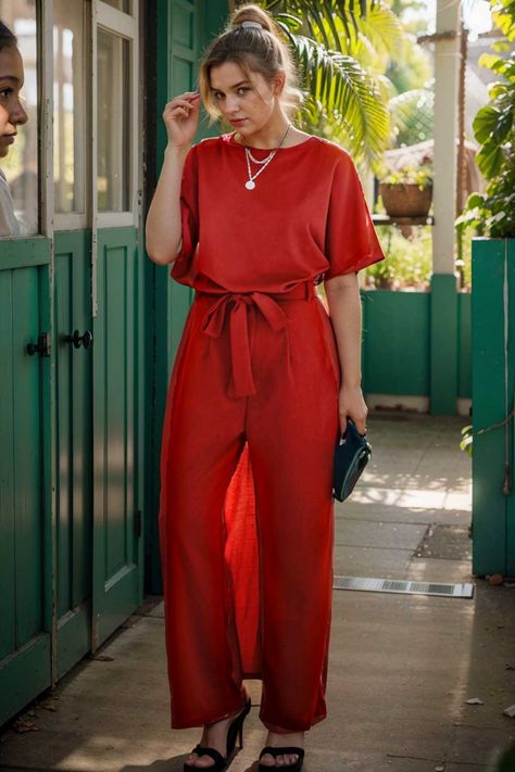 solid five point sleeve belted wide leg jumpsuit 105339 Jumpsuit Outfits, Blouse Tank Top, Sweater Jumpsuit, Tank Top Dress, Red Dark, Fashion Tips For Women, Basic Outfits, Wide Leg Jumpsuit, Fashion Colours