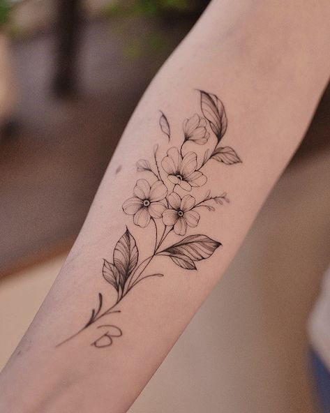 Flower Stars Tattoo, Heliotrope Flower Tattoo, Hawthorn Flower Tattoos, Larkspur Tattoo Minimalist, Small Flowers Tattoo Design, Fine Line Dogwood Flower Tattoo, Blowing Flower Tattoo, Larkspur Flower Tattoo Fine Line, Hawthorn Tattoo Design