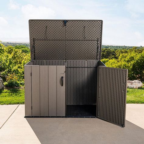 Garbage Can Storage Outdoor, Outdoor Garbage Storage, Garbage Can Shed, Trash Can Storage Outdoor, Garbage Can Storage, Storm Shelters, Pump Covers, Trash Storage, Lawn Mower Storage