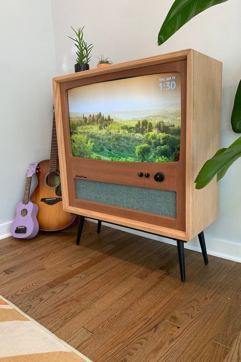 Vintage Tv Room, Tile Room, Vintage Tv Stand, Apartment 2023, Live Tv Free, Retro Tv Stand, Retro Console, Teal Paint, Vintage Knobs