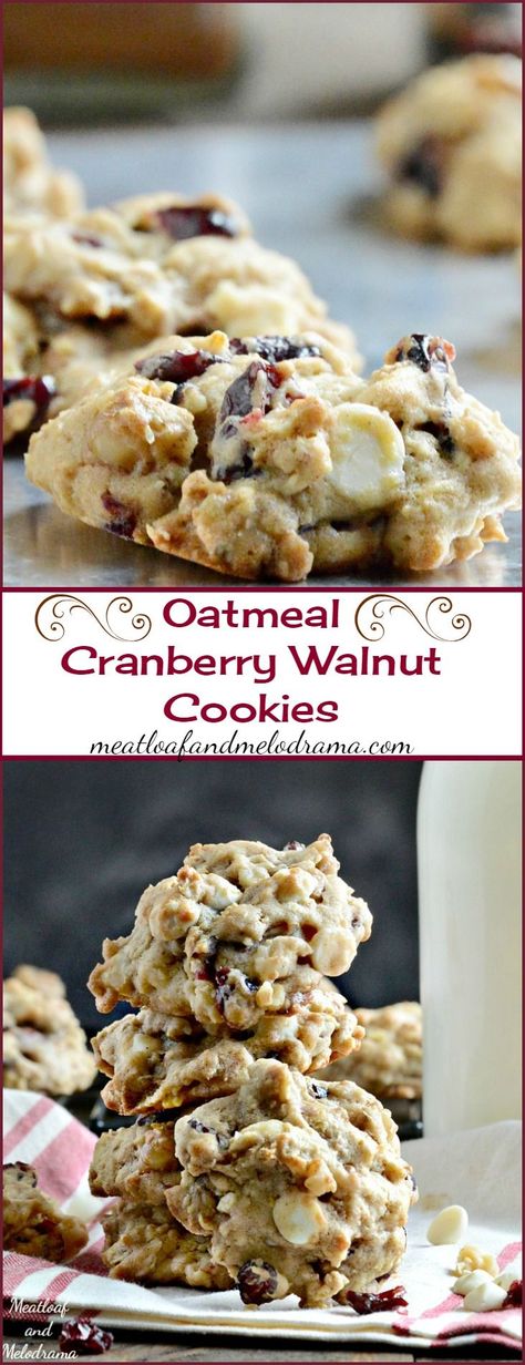 Oatmeal Cranberry Walnut Cookies -- Loaded with dried cranberries, walnuts and white chocolate chips, these soft, chewy cookies are easy to make and perfect for fall! Oatmeal Cranberry Walnut Cookies, Cranberry Walnut Cookies, Craisin Cookies, Soft Chewy Cookies, Oatmeal Cranberry Cookies, Chewy Cookies, Walnut Cookies, Cranberry Cookies, Chewy Cookie