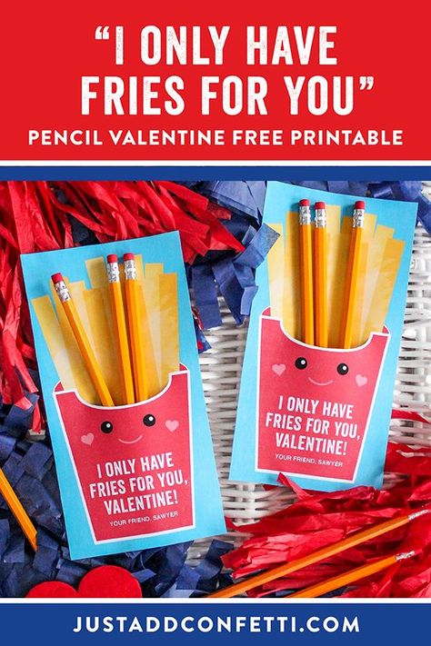 Looking for creative and unique kids valentines for school and Valentine’s Day classroom parties? I've got you covered with this French Fry valentine card! These DIY valentines are so easy to assemble. The printable is available in my Etsy shop. Just pair it with a few pencils for a super cute little Valentine’s Day gift for kids! Be sure to head to justaddconfetti.com for a ton of cute and simple kids valentines ideas. Confetti Classroom, Candle Gift Tags, Valentines Diy Kids, Candy Valentines, Valentine Kids, Valentines Bricolage, Classroom Valentines, Class Valentines, Classroom Treats