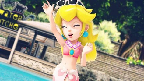 Princess Peach Beach Outfit, Cherry Lush, Mario Wallpaper, Peach Swimsuit, Super Mario Bros Games, Super Princess Peach, Super Mario Princess, Super Princess, Peach Mario