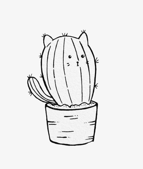 Cat And Cactus Tattoo, Cactus Cat Tattoo, Cartoon Cactus Tattoo, Small Easy Drawings, Succulent Tattoo, Cactus Cartoon, Cartoon Cactus, Cactus Images, Black And White Png