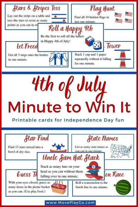 4th of July Minute To Win It Cards Pin Fourth Of July Senior Activities, 4th Of July Activity Days Lds, 4th Of July Movement Cards, 4th Of July At Home With Kids, 4 Th Of July Activities For Kids, 4th Of July Olympic Games, 4th Of July Team Building, Fourth Of July Activities For Teens, 4th Of July Senior Activities