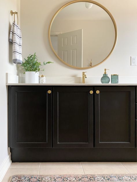 Painting Vanity Black, Diy Black Bathroom Vanity, 90s Bathroom Vanity Makeover, Paint Bathroom Vanity Black, Best Black Paint For Bathroom Vanity, Painting A Vanity, Painted Bathroom Vanity, 90s Bathroom, Timber Bathroom Vanities