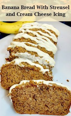 Banana Bread with Streusel and Cream Cheese Icing. Banana bread, streusel topping, cream cheese icing, break fast pastries, dessert, banana. Banana Bread Icing Recipe, Icing For Banana Bread, Banana Bread Recipe With Cream Cheese, Banana Bread With Streusel, Banana Bread Cream Cheese, Dessert Banana, Applesauce Bread, Bread Toppings, Banana Flour