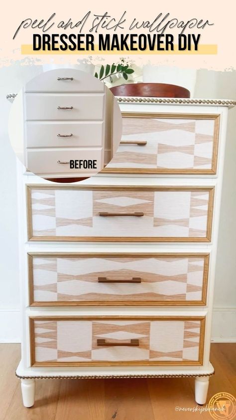 Wallpaper On Drawer Fronts, Dresser With Wallpaper Drawers, Using Peel And Stick Wallpaper, Wallpaper Drawers, Dresser Makeover Diy, Wallpaper Dresser, Top Of Dresser, Diy Daybed, Wooden Trim