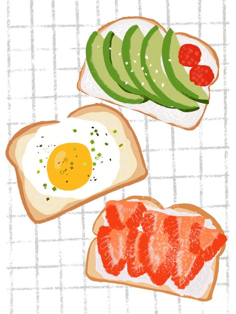 Avocado Illustration Cute, Avocado Toast Illustration, Simple Food Illustration, Healthy Food Illustration Art, Boba Illustrations, Egg Illustration Design, Cute Food Illustration, Toast Illustration, Avocado Illustration