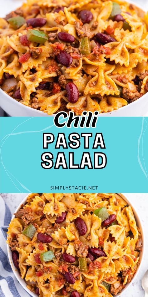 Two image collage of chili pasta salad in a bowl. Sweet Chili Pasta Salad, Hot Pasta Salad, Chili Crisp Alfredo Pasta Ditalini, Pasta Salad With Bowtie Pasta, Pasta Salad With Bow Tie Pasta, Pasta With Diced Tomatoes, Bowtie Pasta Salad With Italian Dressing, Spicy Pasta Salad, Chilli Pasta