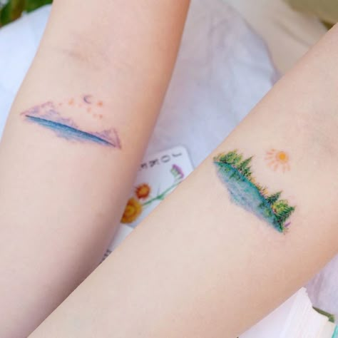 Biology Tattoo, Cute Landscape, Sketch Cute, Colour Tattoo For Women, Rockabilly Mode, Tattoo Nature, Sunset Tattoos, Forest Moon, Handpoke Tattoo