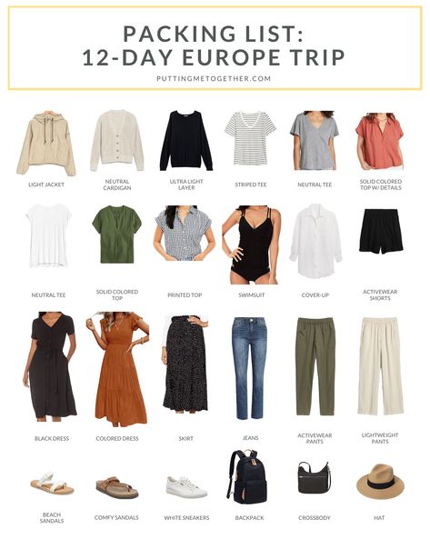 What to Pack for a Trip to Europe - 12 Days Wardrobe For European Travel, Scotland June Outfit, Active Travel Outfits, European Vacation Outfits Spring, Spring Italian Outfits, Plus Size Europe Travel Outfits Summer, Portugal Outfits Spring, Travel Capsule Wardrobe Spring, Europe Travel Outfits Summer