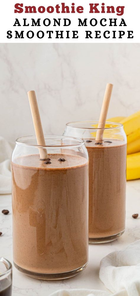 This Almond Mocha Smoothie King recipe is packed full of high protein ingredients like Greek yogurt, chocolate protein powder, and almond butter. This smoothie is great for both a mid-afternoon caffeine pick-me-up or a filling breakfast that will keep you satisfied all day. Smoothie King Recipes, Coffee Smoothie Healthy, Greek Yogurt Chocolate, Yogurt Chocolate, Mocha Smoothie, Almond Butter Smoothie, Protein Ingredients, Healthy Protein Shakes, High Protein Smoothies