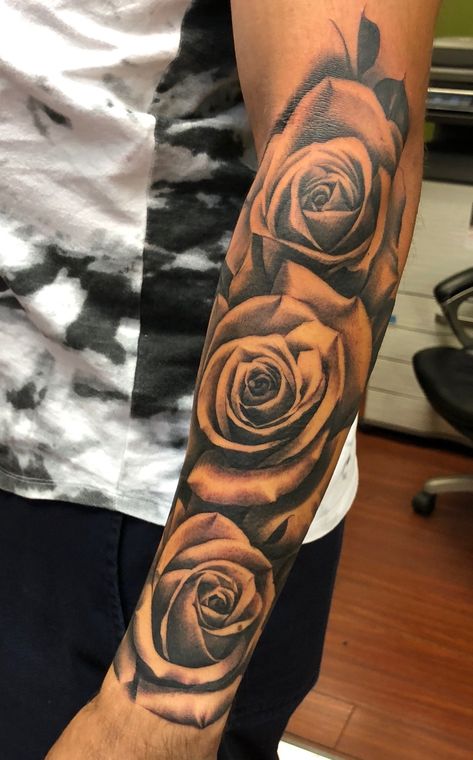 Rose Forearm Tattoo Men Sleeve, Chicano Rose Tattoo, Rose Forearm Tattoo Men, Rose Tattoo Men Forearm, Men’s Half Sleeve Tattoo Forearm, Roses Tattoo Sleeve, Rose Sleeve Tattoo, Mens Sleeve Tattoo, Arm Tattoos Black