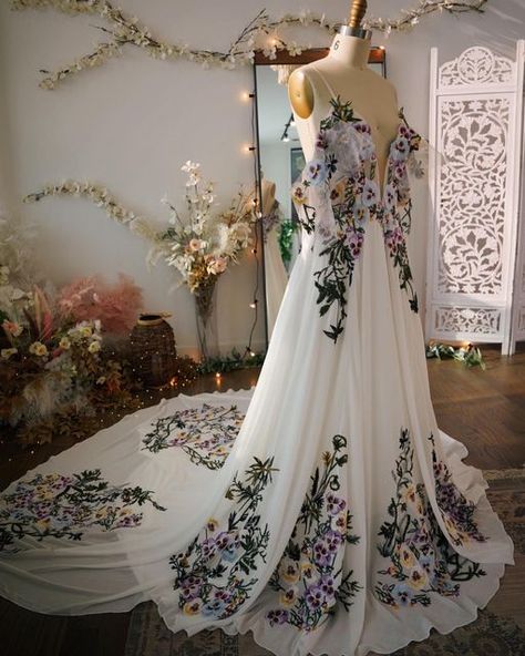 Vine Embroidered Wedding Dress, Plant Embroidered Wedding Dress, Purple Floral Embroidered Wedding Dress, Whimsical Floral Embroidery Wedding Dress, Pagan Wedding Dresses, Spring Wedding Fairy Dress With Floral Applique, Faerie Wedding, Lotr Wedding, Pagan Wedding