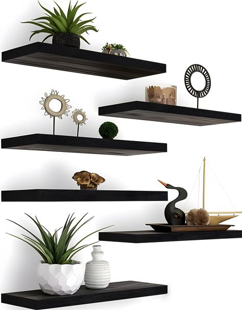 PRICES MAY VARY. Nice Floating Shelves - Nice looking Floating Shelves, rustic real wood wall shelves with an industrial style design, it will be a perfect match to your bathroom, living room, kitchen, bedroom. Sturdy and Easy to Setup Floating Shelves - With durable hardware and metal brackets, the floating shelves has 20lbs high Weighing capacity. With the detailed directions and all hardware, it only takes 8 minutes to install the wall shelves. Home decor and storage shelves - This wall shelv Dark Wood Shelves, Shelf For Bedroom, Shelves For Bedroom, Room Yellow, Floating Shelves Bedroom, Rustic Wood Floating Shelves, Farmhouse Shelf, Rustic Wall Shelves, Black Floating Shelves