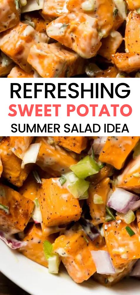 Sweet Potato Picnic Recipes, Potato Salad With Sweet Potatoes, Summer Sweet Potato Salad, Sweet Potato Salad Recipe Cold, Cold Sweet Potato Salad, Roasted Sweet Potato Salad Recipe, Warm Sweet Potato Salad, Sweet Potatoe Salad Recipes, Sweet Potato Summer Recipes