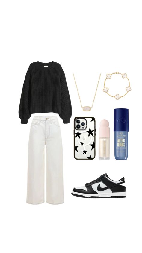 Black sweater ☆ Zara jeans ☆ star phone case ☆ rare beauty highlight ☆ sol de janero after hours ☆ Nike panda dunks ☆ Kendra Scott ☆ gold bracelet ☆ black and white outfit inspo #outfits #inspo Outfits With Black Dunks, Black Jordans Outfit, Panda Dunks Outfit, Bum Outfit, Preppy Pinterest, Nike Panda Dunks, Shoe Outfits, Panda Outfit, Dunk Outfit