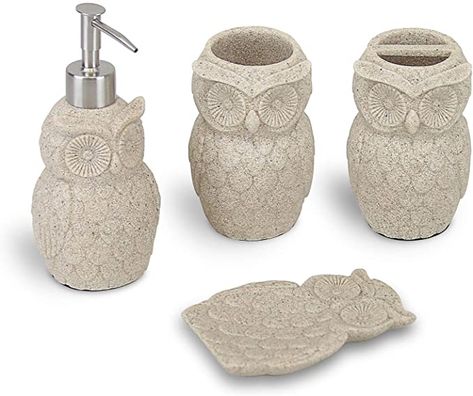 Amazon.com: Evelyne GMT-10226 Owl Resin Sandstone Bathroom Amenity Accessory Set Included Dispenser, Soap Tray, Toothbrush Holder and Tumbler (Beige) : Home & Kitchen Harry Potter Shower Curtain, Sandstone Bathroom, Owl Bathroom Decor, Harry Potter Bathroom, Owl Bathroom, Colored Mason Jars, Mason Jar Soap Dispenser, Bathroom Images, Owl Decor