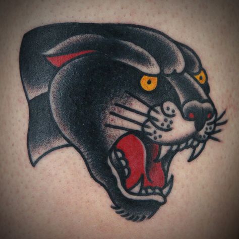 American Traditional Panther Head Tattoo by Cleen Rock One Old School Panther Head Tattoo, American Traditional Head Tattoo, Capricorn Traditional Tattoo, American Traditional Tattoos Panther, Panther Head Tattoo Design, Black Panther Head Tattoo, American Traditional Panther Head, Traditional Panther Head Tattoo, American Traditional Panther Tattoo