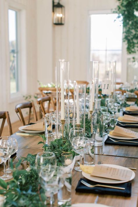 Wedding Farm Table, Farm Table Centerpiece, White Taper Candles, Taper Candles Wedding, Gold Candlesticks, Eucalyptus Centerpiece, Wedding Farm, Greenery Centerpiece, Candle Wedding Centerpieces