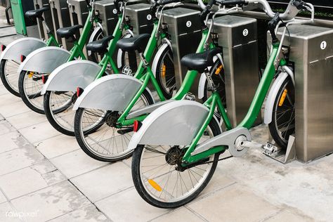 Row of parked rental bikes | free image by rawpixel.com Bicycle Locks, City Bicycle, Electric Bicycles, Push Bikes, Bicycle Parking, Bike Rental, Green City, Urban City, The Revolution