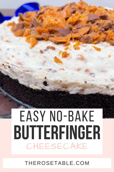 This Butterfinger No-Bake Cheesecake is positively heavenly. I took a velvety bite and said, “Oh!” I mean, I was hoping it would be good but I wasn’t expecting this dessert to blow my mind like it did! Bake Cheesecake Recipes, Butterfinger Ice Cream, No Bake Cheesecake Recipes, Butterfinger Cheesecake, Blow My Mind, Pumpkin Cheesecake Bars, Easy No Bake Cheesecake, Baked Cheesecake Recipe, Classic Cheesecake