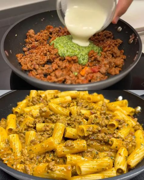 Delicious Pasta with Beef and Basil Pesto - Greenku Recipes Beef Pesto Recipes, Ground Beef And Pesto Pasta, Ground Beef And Pesto Recipe, Pesto Ground Beef, Pesto Beef, Pasta With Beef, Pasta Restaurant, Ground Beef Pasta, Pasta Bolognese