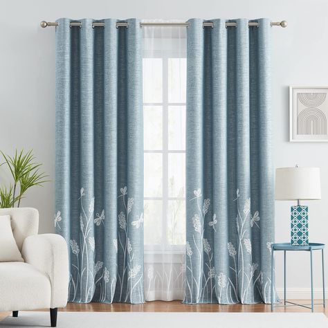 PRICES MAY VARY. Sold as Single Panel: You will find 1 panel white wheat embroidery on aqua blue curtain (52"Wx96"L) + 1 Matching Tie Back in your package. Not include the matching sheer curtain. Unique Design: White wheat embroidery on aqua blue linen fabric with satiny backing. Versatile for all kinds of room like living room, dining room, bedroom, sliding glass door, patio door etc. Triple weave fabric: Block 90% Light and 99% UV rays. No chemical coating and smell. Soundproof and energy effi Wheat Embroidery, Living Room Patio Doors, Linen Blackout Curtains, Wide Curtains, Insulated Curtains, Blue Curtains, Curtains For Living Room, Drape Panel, Sheer Drapes