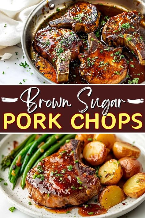 These brown sugar pork chops are the perfect combo of sweet and savory! You'll love the amazing caramelized crust. Brown Butter Pork Chops, Pork Chops And Butternut Squash, Pork Chop Bowl, Thick Pork Chops Recipes, Sweet Chili Pork Chops, Pork Loin Ribeye Chops Recipe, Brown Sugar Pineapple Pork Chops, Pork Chop And Sweet Potato Recipes, Berkshire Pork Chops Recipe