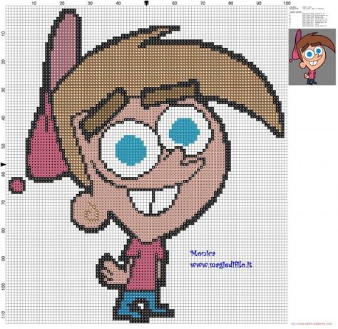 Timmy Turner 2 (The Fairly OddParents) cross stitch pattern - free ... Pixelated Art, Timmy Turner, Fairly Oddparents, Free Cross Stitch Patterns, The Fairly Oddparents, Patterns Simple, Odd Parents, Cross Stitch For Kids, Pixel Art Grid