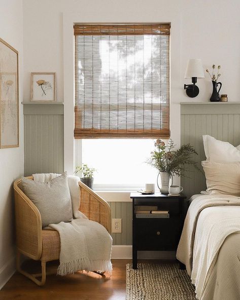 A cozy #citizenmade corner. 📷: @helloimaubs Citizenry Bedroom, Rustic Wainscoting Ideas, Wainscoting Ideas Bedroom, Beadboard Bedroom, Rustic Wainscoting, Wainscoting Ideas, Wainscoting Bedroom, Beadboard Wainscoting, Bedroom Reveal