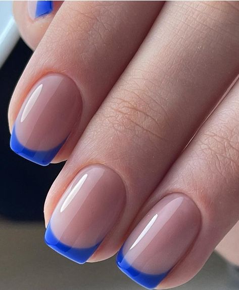 Spring Nails With French Tips, Creative French Nails, French On Short Nails, Cute Blue Nail Designs, Spring Nails Blue, Blue Gel Polish, Blue Gel Nails, Navy Blue Nails, Blue Acrylic Nails