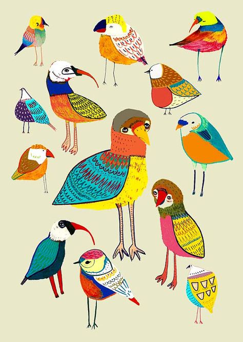 Feathered Friends. Limited edition art print. by AshleyPercival, $40.00 bird, birds, illustration, decor, art, design, Ashley Percival, Birds Illustration, Pillar Design, Birds Art, Bird Canvas, Flock Of Birds, Unusual Art, Funny Birds, Bird Wall Art