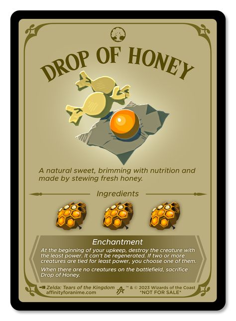 Honey candy from #Zelda #TotK recipe card was the perfect fit for a #proxy card I've been wanting to make for a while, Drop of Honey. #mtg #magicthegathering #TearsOfTheKingdom Loz Totk Recipes, Legend Of Zelda Food Recipes, Legend Of Zelda Recipes, Zelda Food Recipes, Totk Recipes, Zelda Gameplay, Botw Food, Botw Recipes, Zelda Food