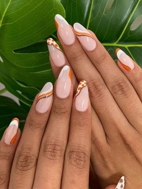 Burnt orange and white swirls on milky nails Burnt Orange Nails Designs Summer, Oranges On Nails, Burnt Orange And Gold Nails, Terracotta Nails Designs, Rusty Orange Nails, Brown Orange Nails, Rust Nails Design, Rust Orange Nails, Fall Nails Burnt Orange